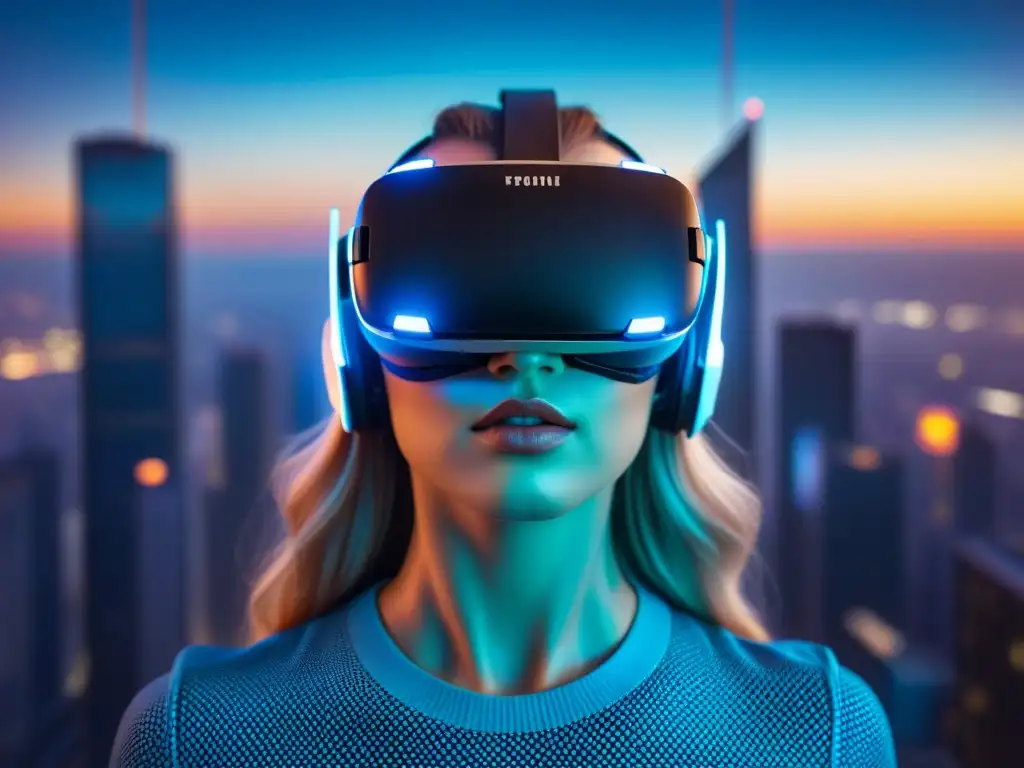 Headset de Realidad Virtual Futurista en Ciudad Digital Un auricular de realidad virtual futurista suspendido en el aire, con patrones de circuitos y una ciudad futurista de fondo