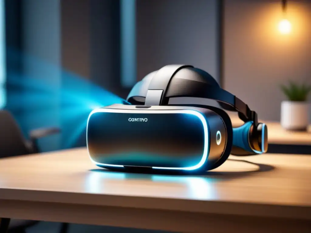 Futurismo inmersivo: VR headset en escritorio minimalista Un auricular de realidad virtual moderno iluminado en un elegante escritorio