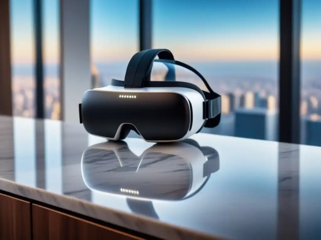 Realidad virtual de lujo en la ciudad: tecnología inmobiliaria Un auricular de realidad virtual moderno sobre una elegante encimera de mármol con la ciudad reflejada en sus lentes