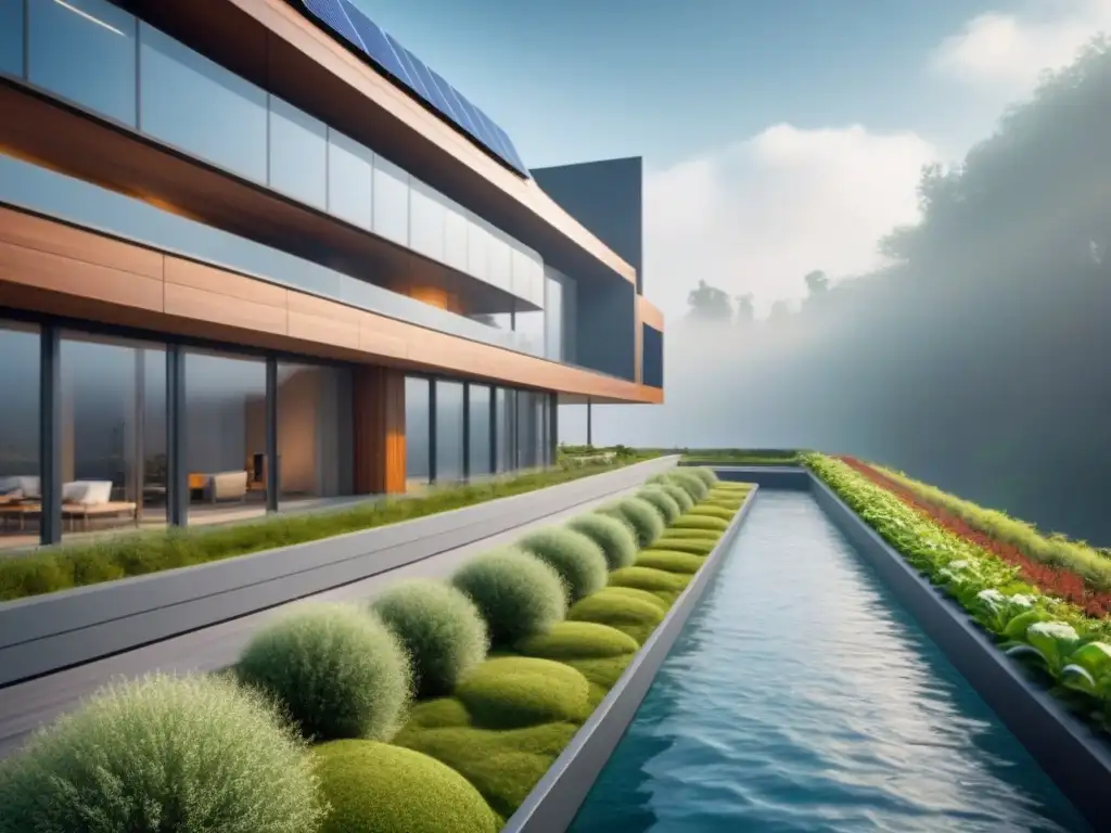 Edificio ecofriendly: arquitectura bioinnovadora y sostenible en 8k Avanzada bioarquitectura: edificio ecoamigable con paneles solares y techos verdes