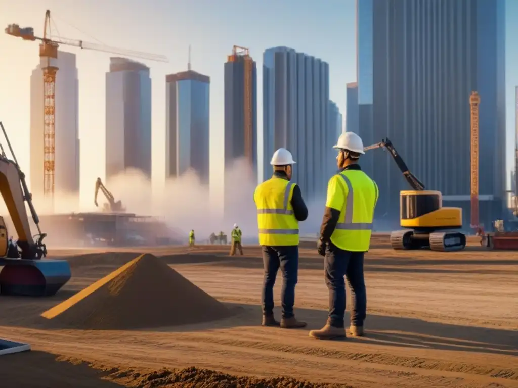 Avanzada construcción futurista en ciudad norteamericana Avanzada construcción futurista en ciudad norteamericana con robots y trabajadores