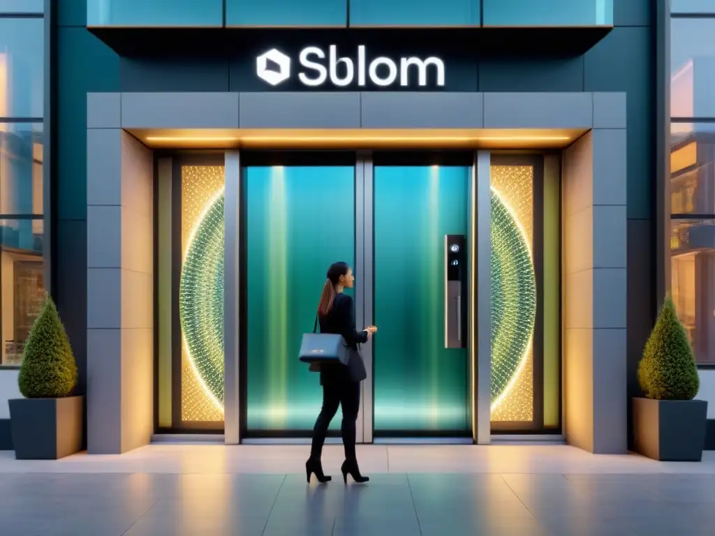 Puerta automática futurista con tecnología de reconocimiento de patrones Avanzada puerta automática con reconocimiento de patrones, integrando tecnología y accesibilidad en edificios modernos