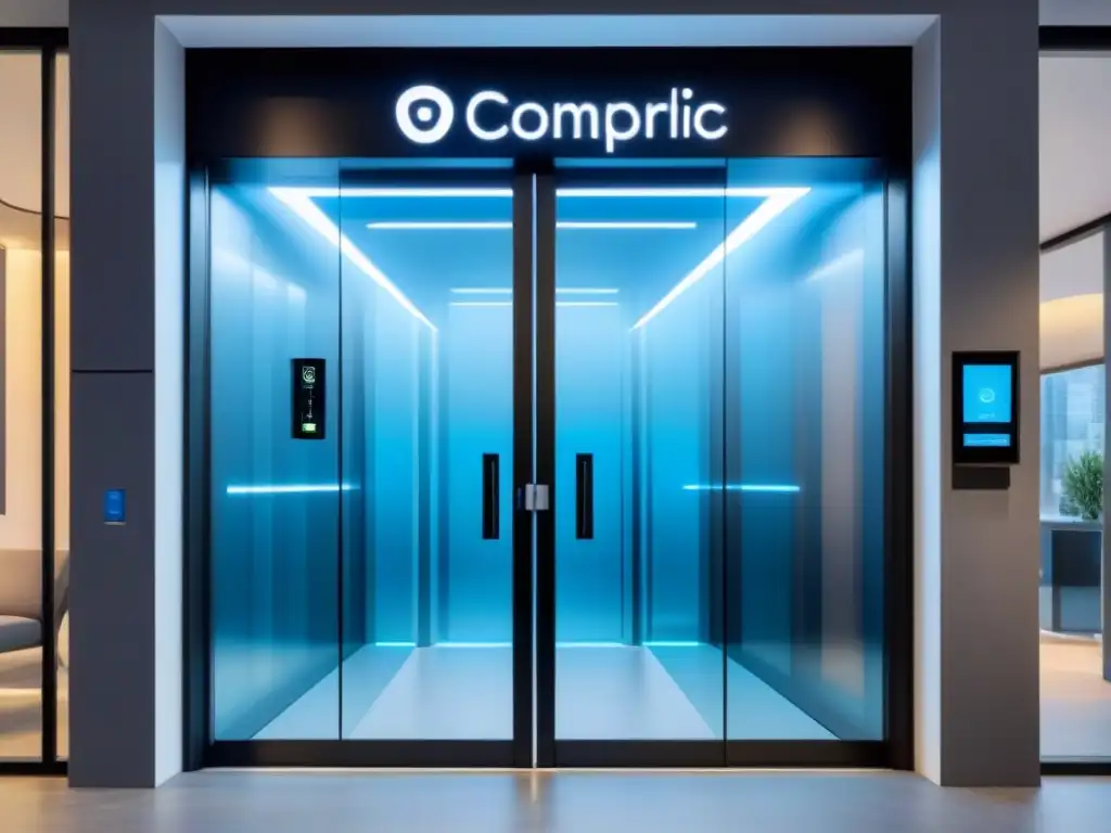 Acceso seguro y futurista en oficina de alta tecnología Avanzada puerta automática con tecnología de reconocimiento de patrones, acceso seguro y diseño futurista en oficina moderna