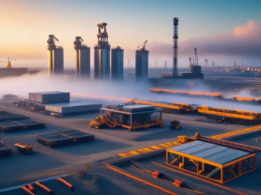 Construcción futurista: robots y drones en acción Avanzadas tecnologías emergentes en renovaciones inmobiliarias: robots y drones trabajando en un sitio de construcción futurista