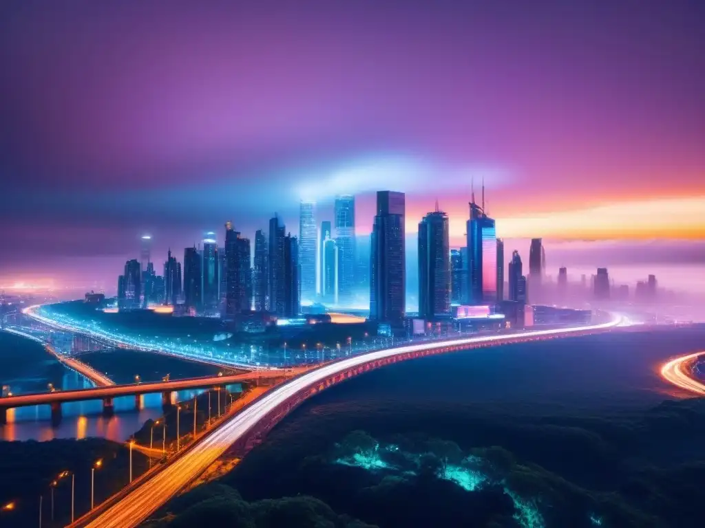 Ciudad futurista: luces y tecnología de vanguardia Avanzado rendimiento inmobiliario internacional en una ciudad futurista de noche con rascacielos iluminados y transporte avanzado