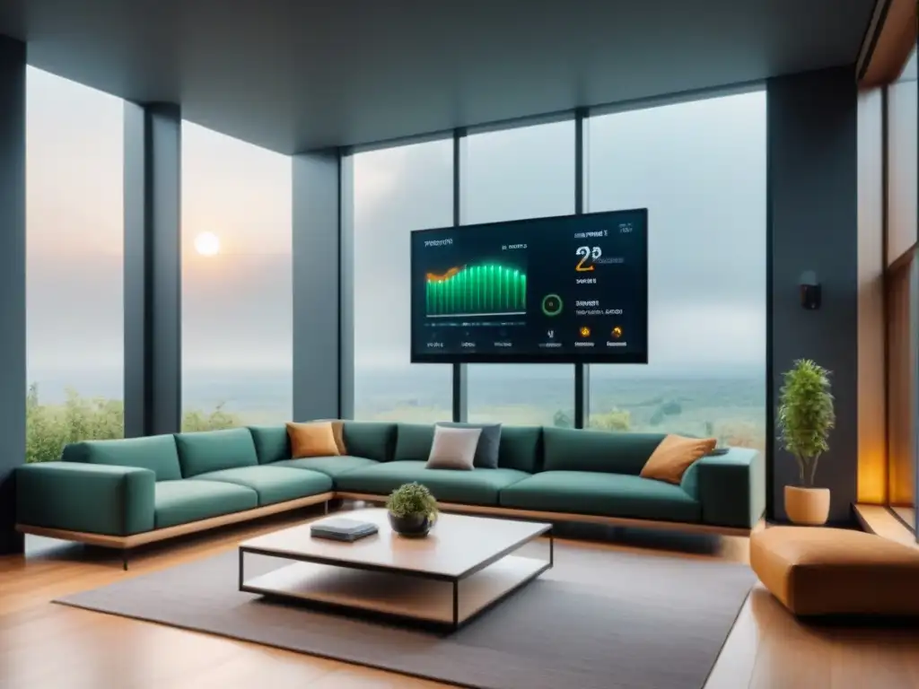 Avanzado sistema domótico controlando eficiencia energética en edificio moderno para reducir huella carbono