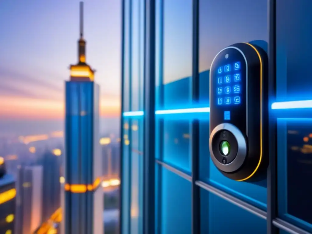 Seguridad digital en edificio moderno: innovación en PropTech Avanzado sistema de seguridad en el mercado inmobiliario: moderna cerradura digital en edificio vanguardista