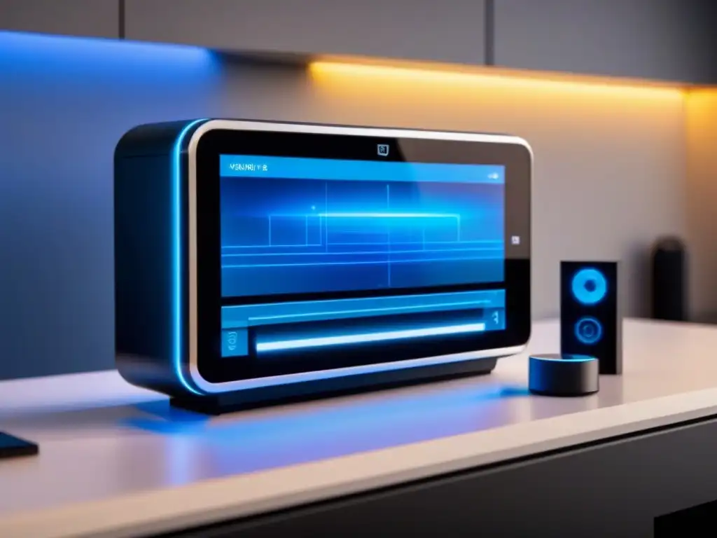 Sistema de seguridad Smart Home futurista y detallado Avanzado sistema de seguridad para Smart Homes, con panel de control holográfico y dispositivos de alta tecnología