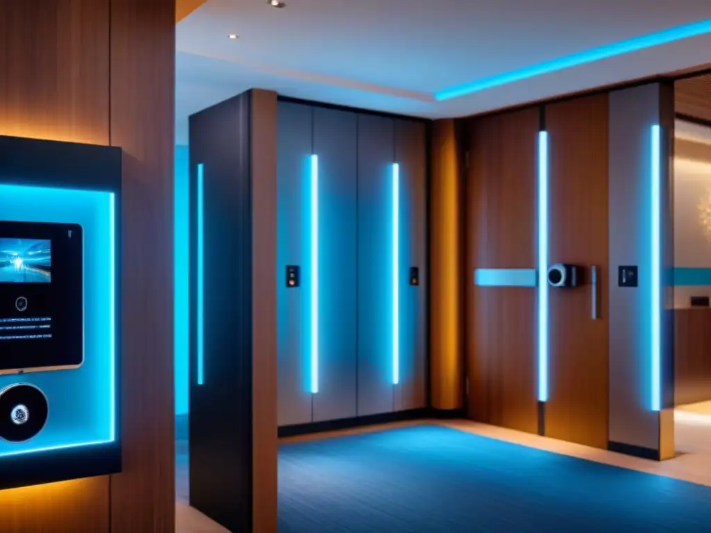 Entrada futurista: sistema de seguridad de lujo en resort de timeshare Avanzado sistema de seguridad en resort de tiempo compartido de lujo con escáner de huellas dactilares moderno y futurista