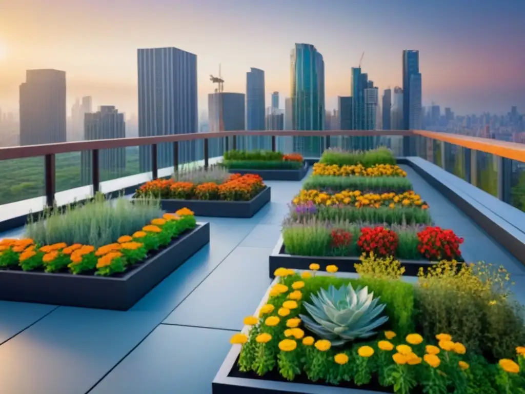 Jardín verde en azotea: oasis eco en ciudad moderna Jardín ecológico en azotea de edificio moderno en ciudad
