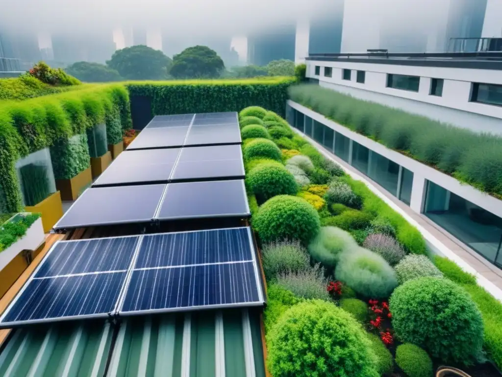 Jardín verde en azotea: arquitectura sostenible Un jardín en la azotea de un edificio sostenible, con paneles solares y diseño eficiente