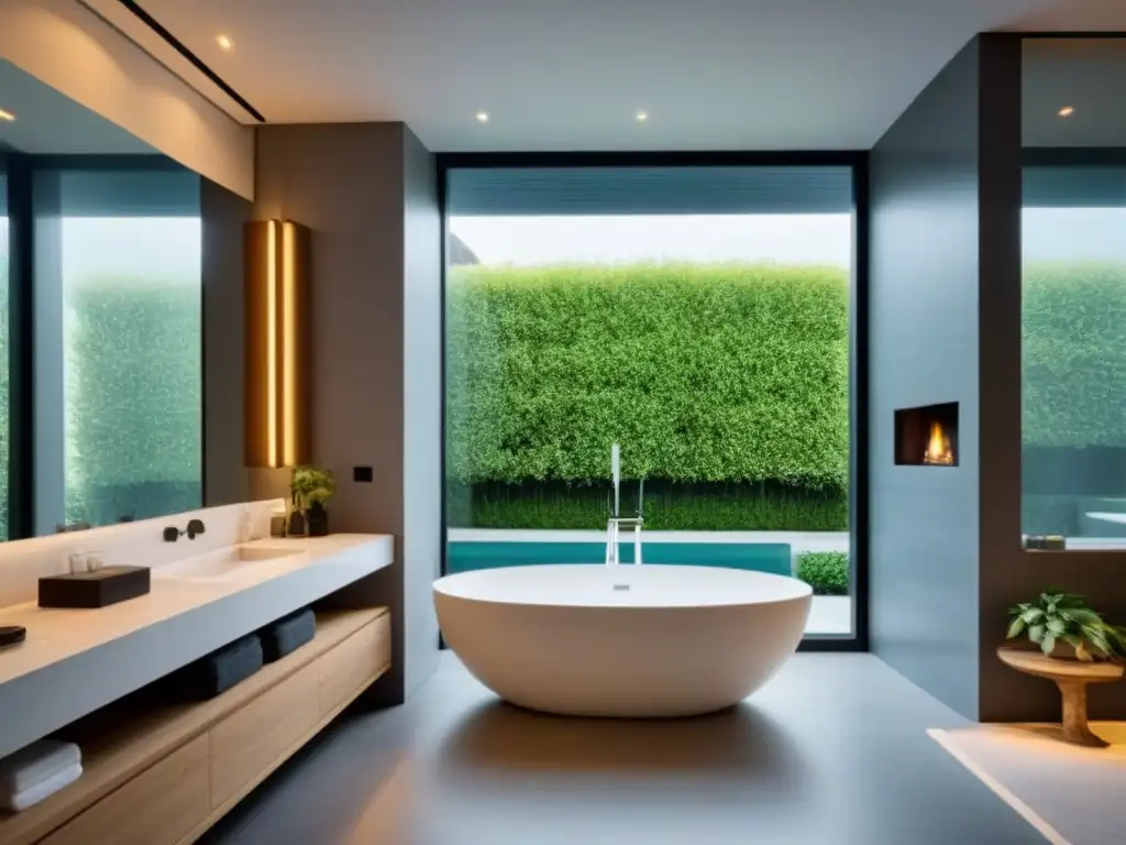 Baño spa moderno y lujoso con bañera independiente y ducha efecto lluvia Baño de lujo en propiedad compartida con elegantes acabados de mármol y ventana de piso a techo