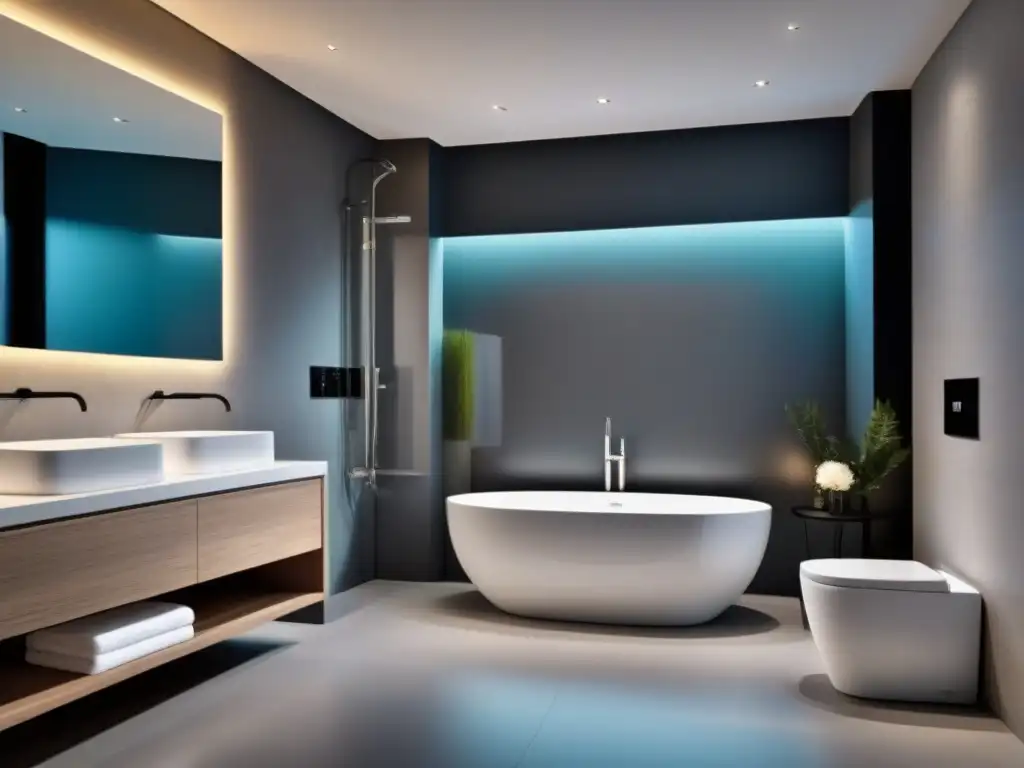 Baño moderno de lujo con tecnología innovadora Un baño moderno y lujoso que cumple con normativas seguridad inversores inmobiliarios internacionales