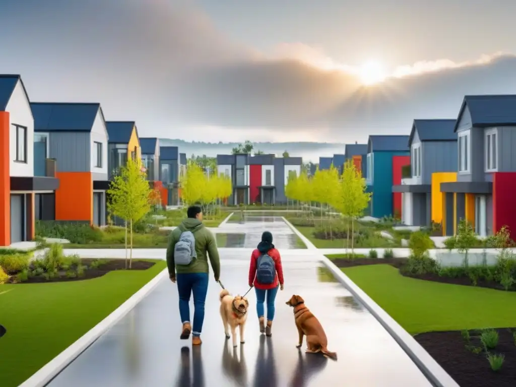 Vecindario diverso y moderno: convivencia multicultural y sostenibilidad Un barrio residencial moderno y diverso con diferentes tipos de viviendas, familias de distintos orígenes culturales y actividades comunitarias