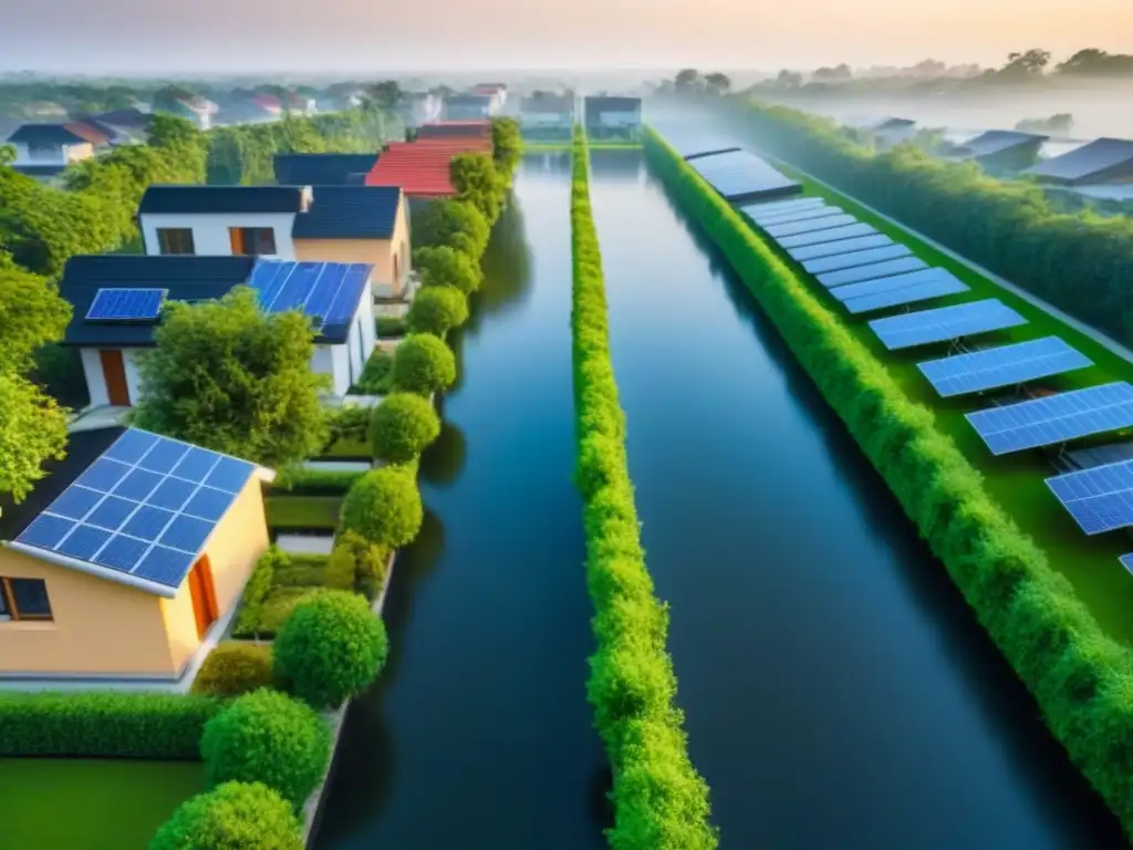 Vecindario sostenible: armonía urbana y naturaleza Barrio sostenible con edificios verdes, paneles solares, captación de agua y ciclovías, ejemplificando el impacto ambiental en desarrollos inmobiliarios