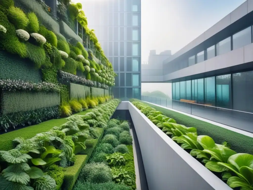 Metrópolis futurista: Edificios modernos con muros verdes vivos Beneficios de muros vivientes purificadores en una ciudad futurista, integrando naturaleza y modernidad