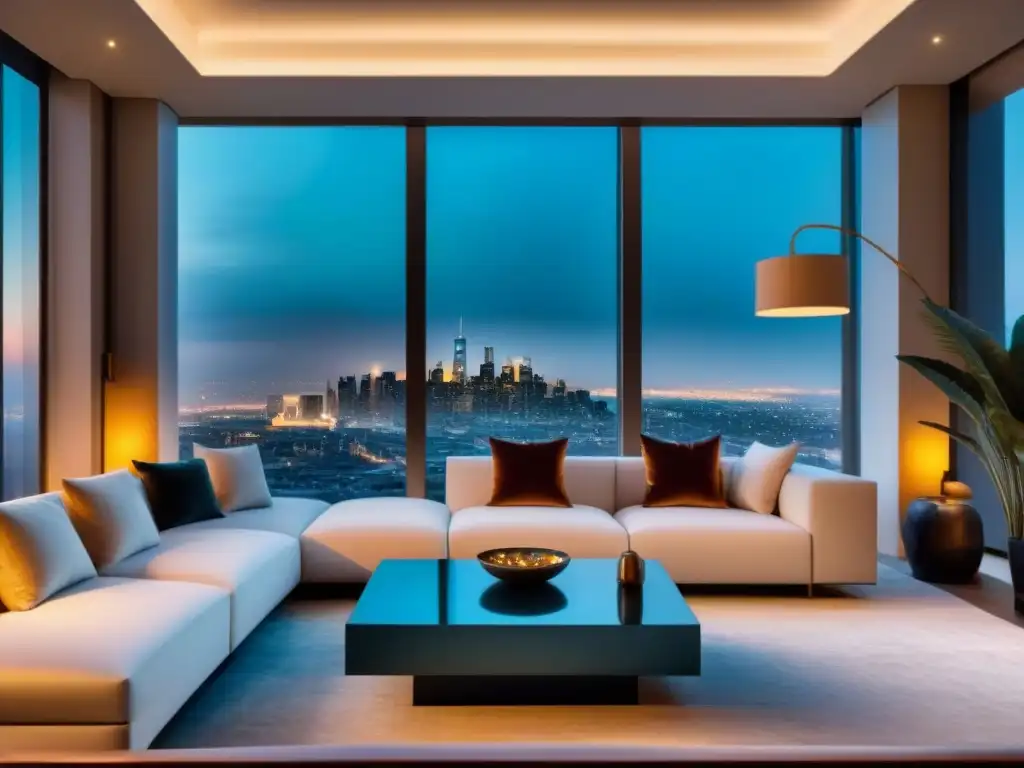 Salón de lujo con vista panorámica nocturna en propiedad de lujo Disfruta de los beneficios de invertir en un tiempo compartido de lujo en este lujoso salón moderno con vista a la ciudad de noche