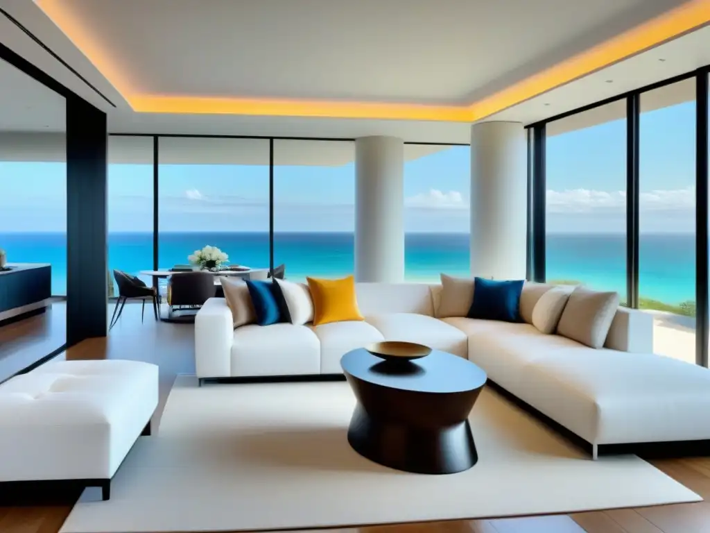 Salón de lujo con vista a la playa en propiedad de lujo Disfruta los beneficios de invertir en un tiempo compartido de lujo con esta lujosa sala de estar moderna y elegante con vista a la playa