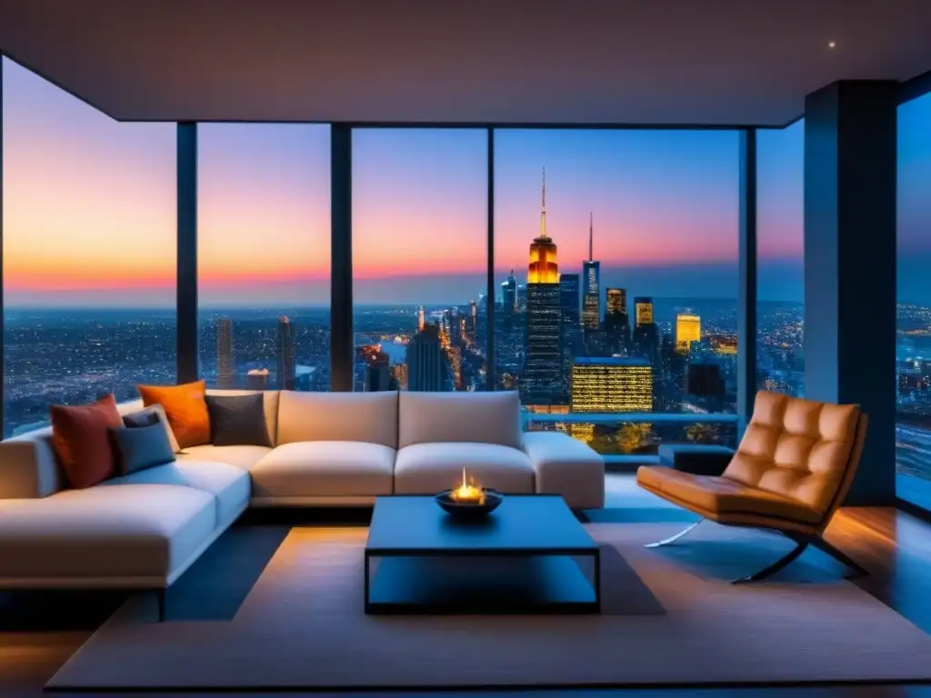Salón de lujo en penthouse con vista nocturna a la ciudad Disfruta de los beneficios de invertir en tiempo compartido de lujo en un elegante salón moderno con vistas a la vibrante ciudad de noche