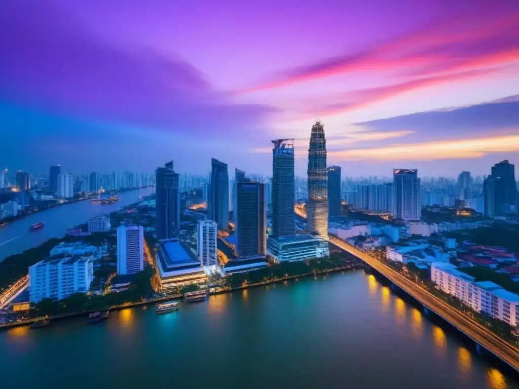 Esplendor urbano: atardecer mágico en Bangkok Invertir en bienes raíces en Tailandia: Atardecer mágico en Bangkok, donde lo tradicional y lo moderno se fusionan en un paisaje urbano vibrante