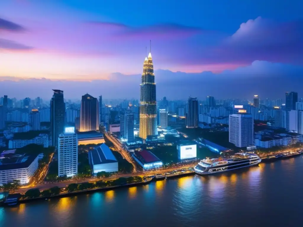 Esplendor nocturno: Skyline de Bangkok en 8k Invertir en bienes raíces en Tailandia: Atardecer vibrante en Bangkok, con rascacielos iluminados y el río Chao Phraya