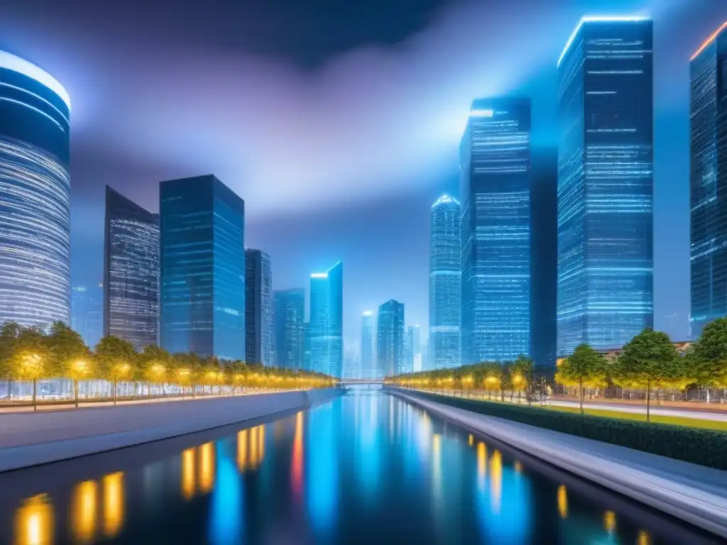 Innovación blockchain en inversión inmobiliaria Invertir en bienes raíces blockchain: Ciudad futurista con rascacielos de vidrio, red blockchain y profesionales debatiendo sobre inversiones
