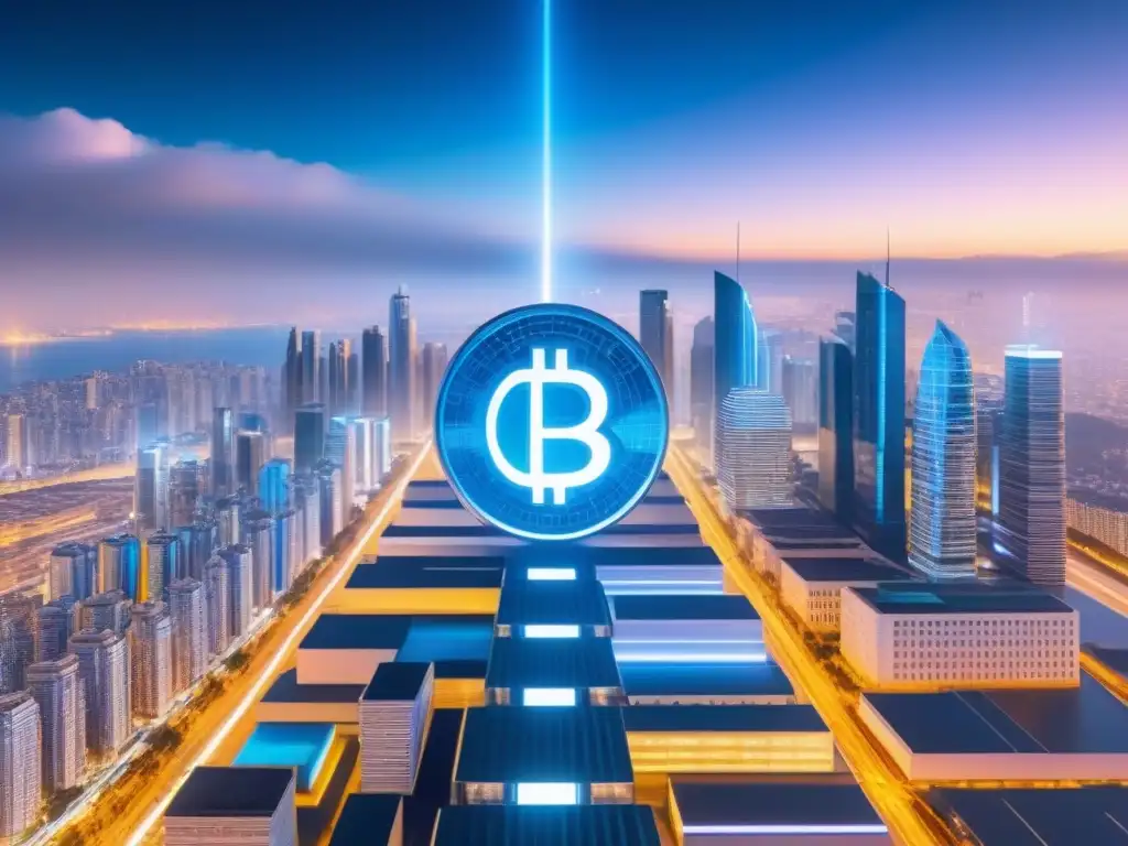 Metrópolis futurista: fusión de criptomonedas y arquitectura Invertir en bienes raíces: Ciudad futurista con símbolos de criptomonedas en arquitectura moderna y neon lights