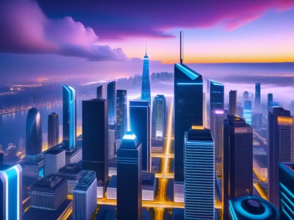 Metrópolis futurista: real estate y criptomonedas en un diseño vanguardista Invierte en bienes raíces en una ciudad futurista con rascacielos y luces de neón