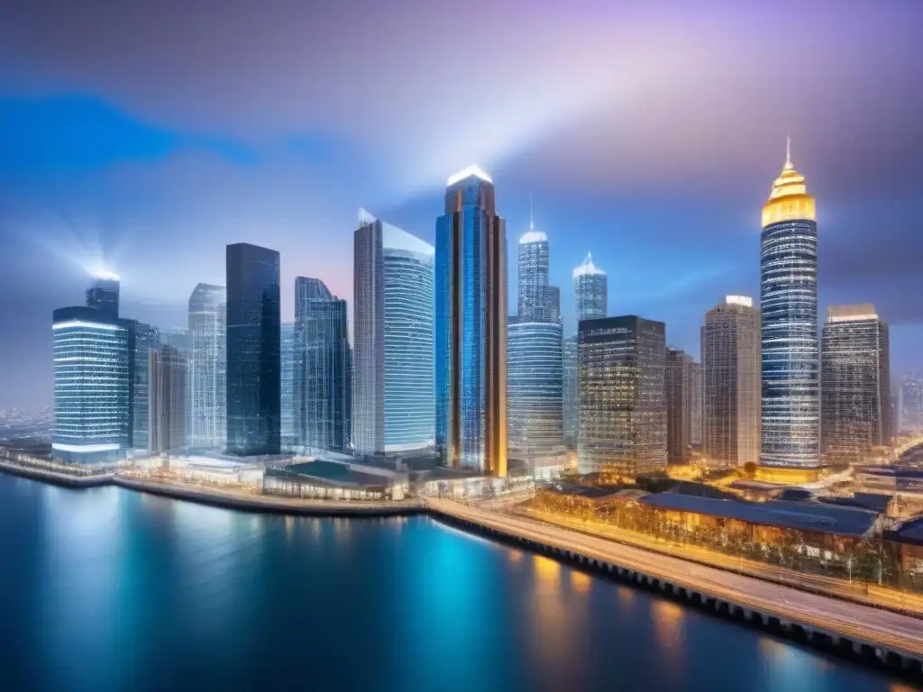 Oportunidades de inversión en real estate: ciudad vibrante al atardecer Invertir en bienes raíces comerciales: Ciudad vibrante al atardecer con profesionales y edificios iluminados