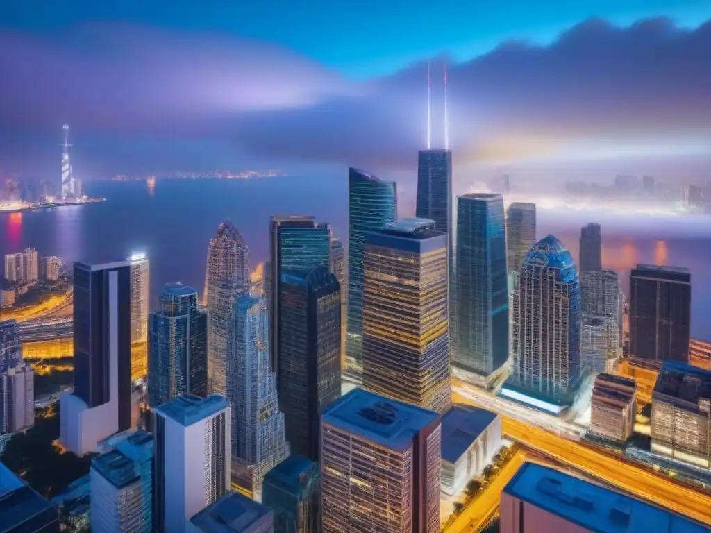 Escena urbana al atardecer: rascacielos y profesionales en ajetreo Invertir en bienes raíces comerciales: Atardecer en la ciudad de rascacielos iluminados y profesionales en reunión