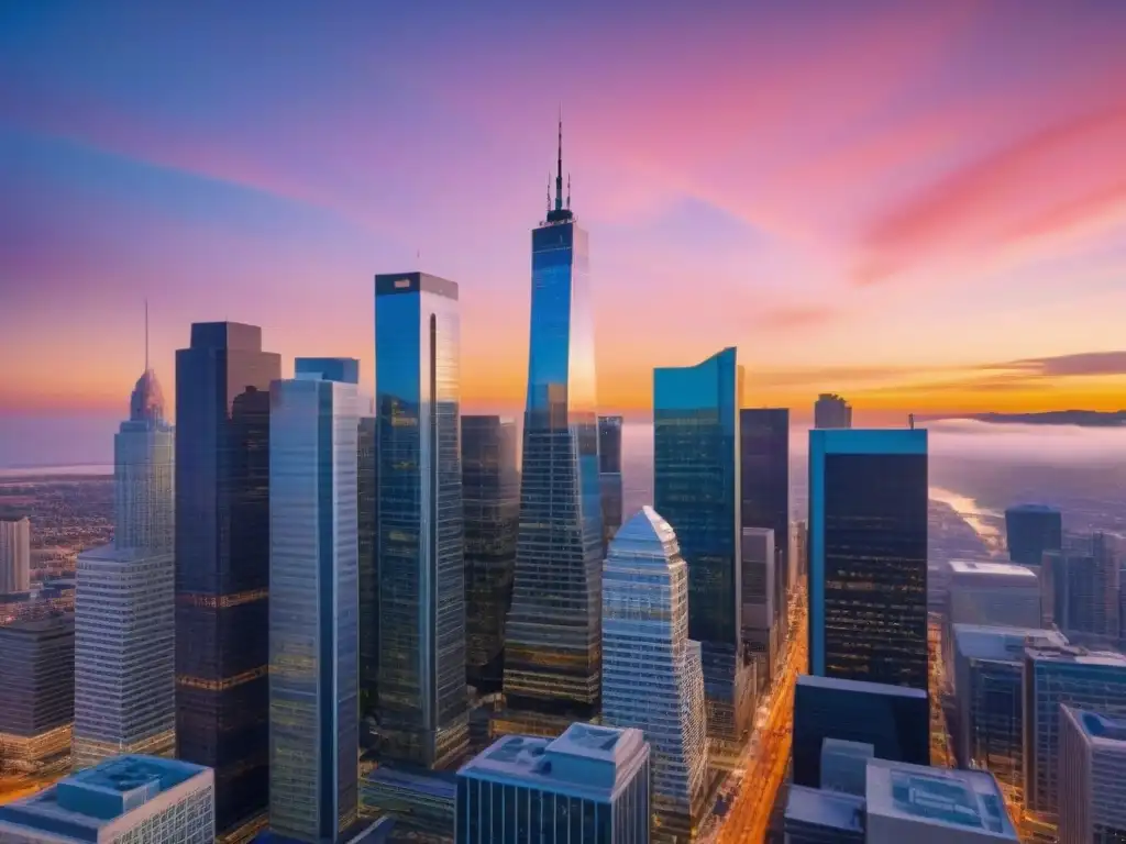 Cityscape comercial de Norteamérica al atardecer Invertir en bienes raíces comerciales Norteamérica: Un vibrante atardecer en una ciudad llena de rascacielos y oficinas modernas