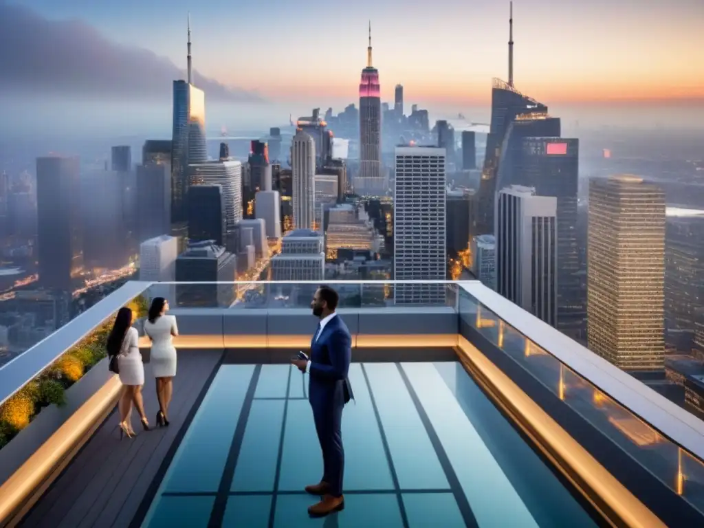 Skyline urbano futurista: éxito y ambición en una terraza de lujo Invertir en bienes raíces comerciales: Skyline urbano moderno con profesionales reunidos en terraza de lujo