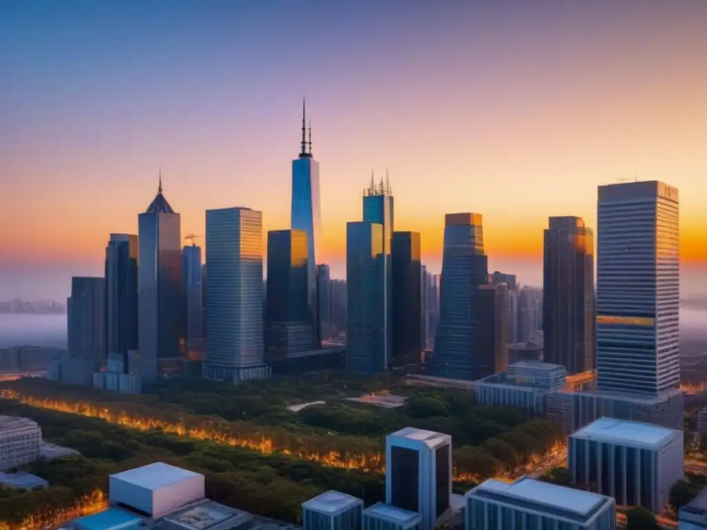 Horizonte urbano al atardecer: inversión en bienes raíces comerciales Invertir en bienes raíces comerciales: vibrante ciudad al atardecer con rascacielos y profesionales en animadas conversaciones