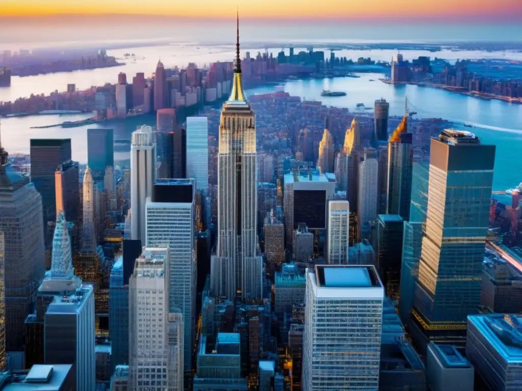 Skyline de Manhattan: Oportunidades de inversión inmobiliaria en Norteamérica Invertir en bienes raíces comerciales en Norteamérica: Vista aérea impresionante de Manhattan, con sus imponentes rascacielos y bulliciosas calles