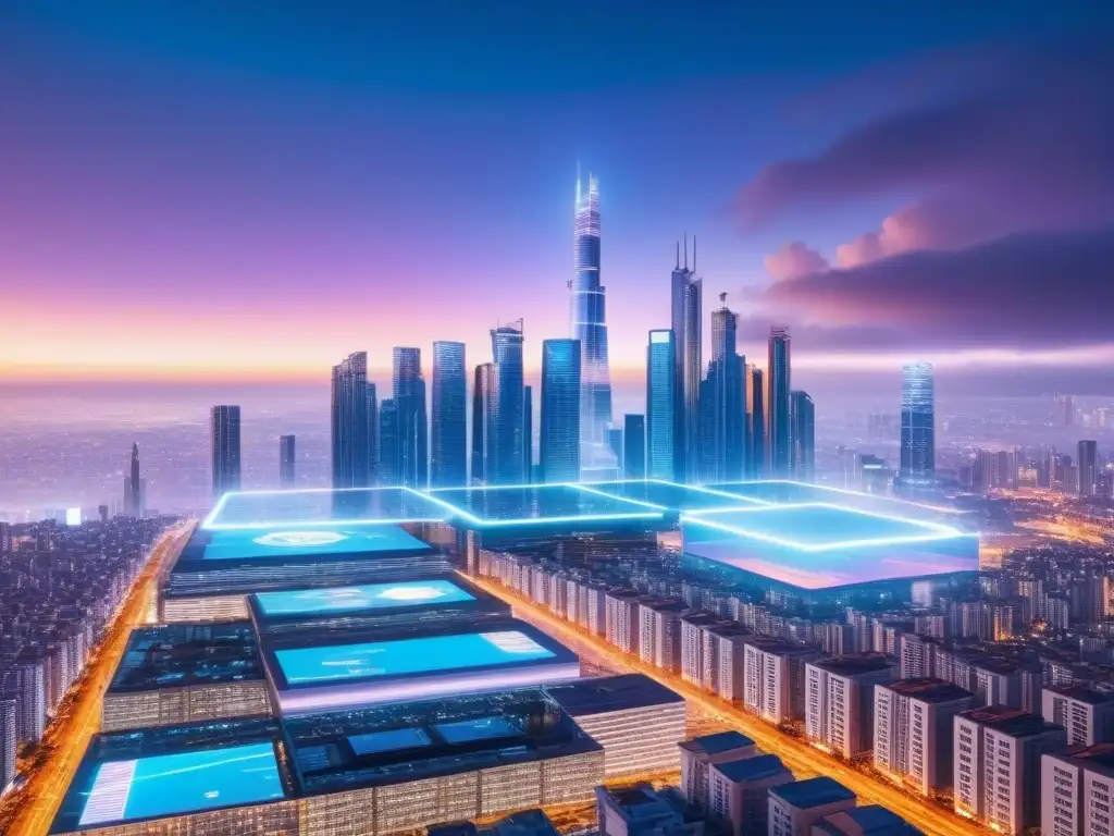 Cityscape futurista: real estate y criptomonedas en 8k Invertir en bienes raíces y criptomonedas en la ciudad del futuro al anochecer