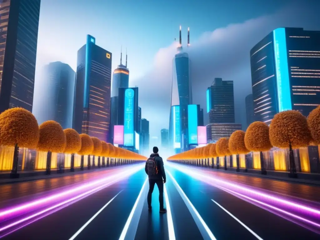 Cityscape futurista: fusión real estate y criptomonedas Invertir en bienes raíces criptomonedas: Una ciudad futurista fusionando edificios tradicionales con elementos digitales