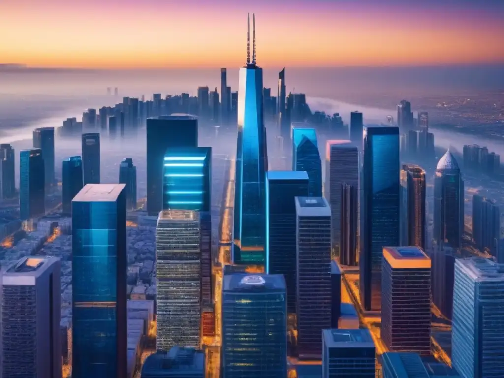 Inversión inmobiliaria y criptomonedas: Futuro Cityscape 8k Invertir en bienes raíces con criptomonedas: Una ciudad futurista al anochecer con rascacielos y pantallas de datos financieros
