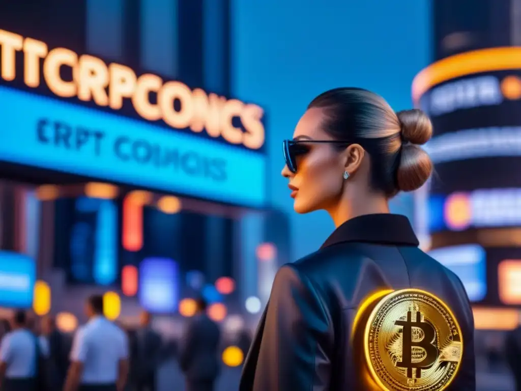Inversión inmobiliaria futurista con criptomonedas Invertir en bienes raíces con criptomonedas en una ciudad futurista iluminada por luces de neón y pantallas digitales