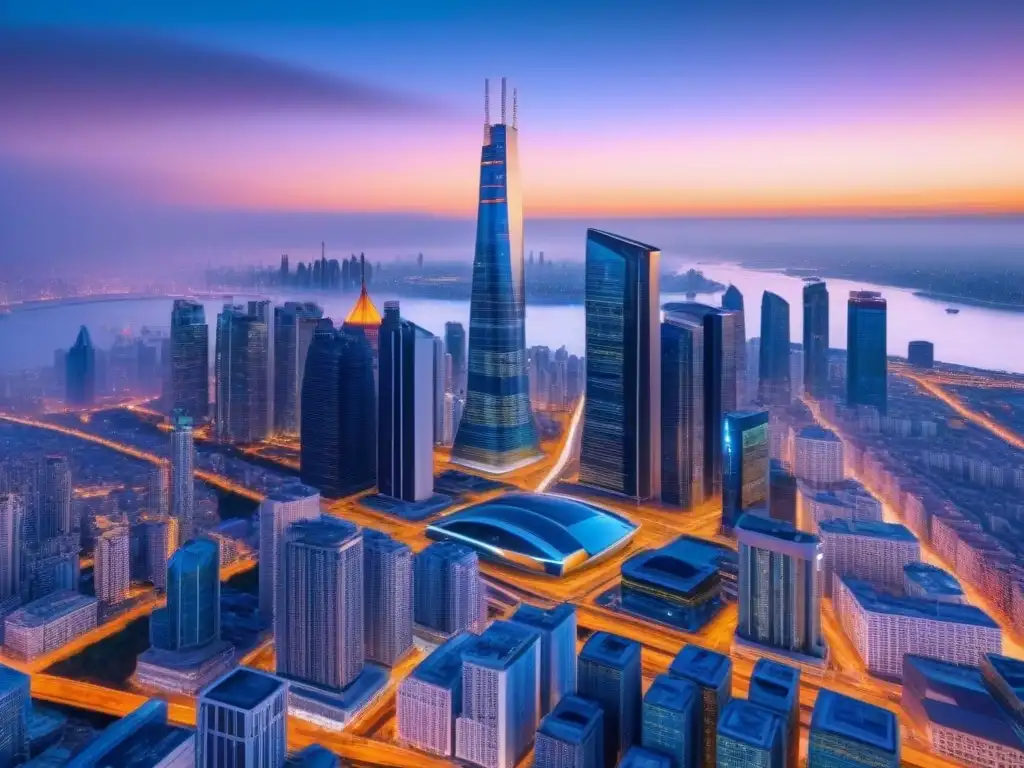 Horizonte futurista en 8k: luces y datos de criptomonedas Invertir en bienes raíces criptomonedas: ciudad futurista con rascacielos brillantes y datos de mercado cripto en pantallas digitales al anochecer