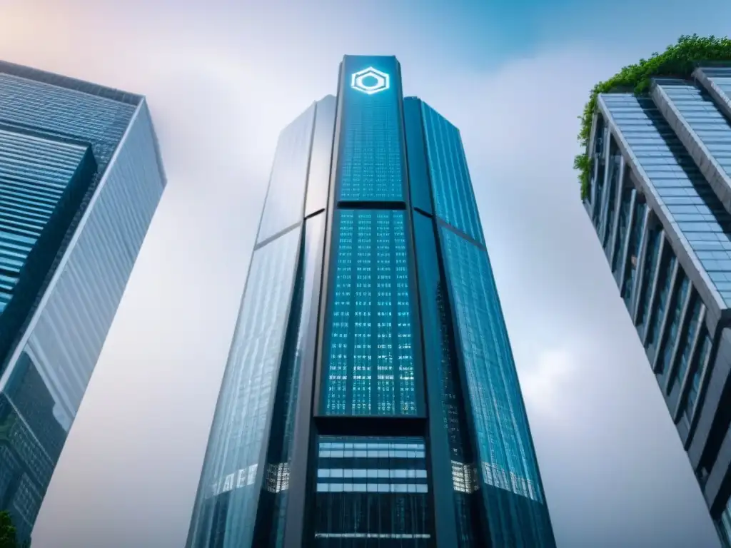 Inversión inmobiliaria en criptomonedas: rascacielos futurista con valores digitales Invertir en bienes raíces criptomonedas: Edificio futurista con valores de criptomonedas en pantalla digital y naturaleza alrededor