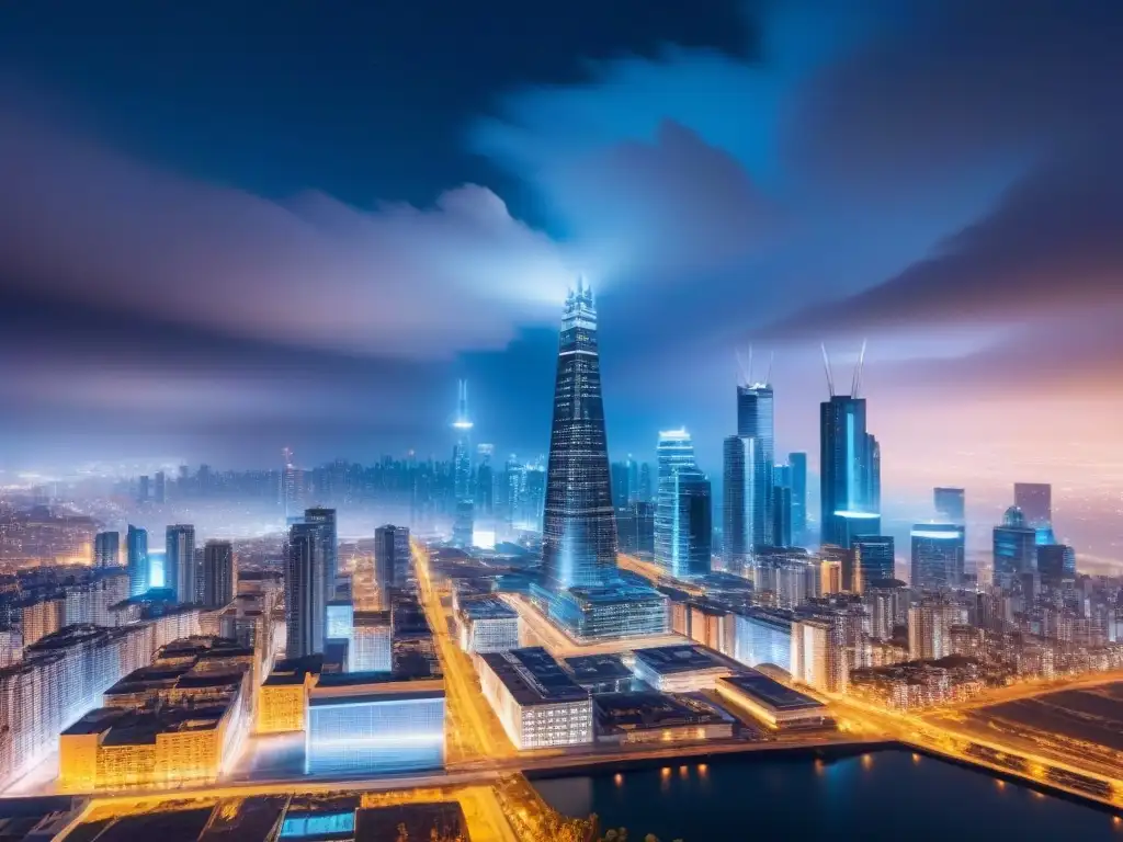 Cityscape futurista: Bitcoin y criptomonedas iluminan la noche Invertir en bienes raíces criptomonedas: Ciudad futurista nocturna con símbolos de Bitcoin y Ethereum iluminando los edificios