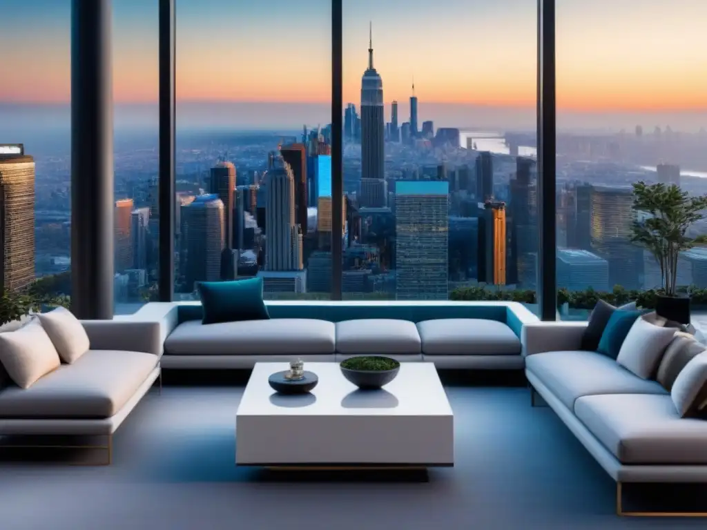Penthouse de lujo con vista a la ciudad: criptomonedas y exclusividad Invertir en bienes raíces criptomonedas: Lujoso penthouse moderno con vista a la ciudad, arquitectura futurista y terraza elegante