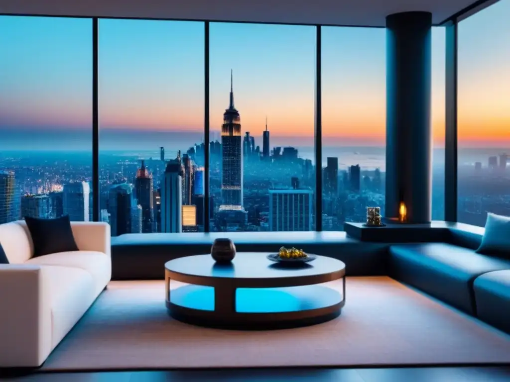 Penthouse de lujo con arte digital criptográfico Invertir en bienes raíces criptomonedas: Un lujoso ático moderno con vista a la ciudad y elegante diseño interior