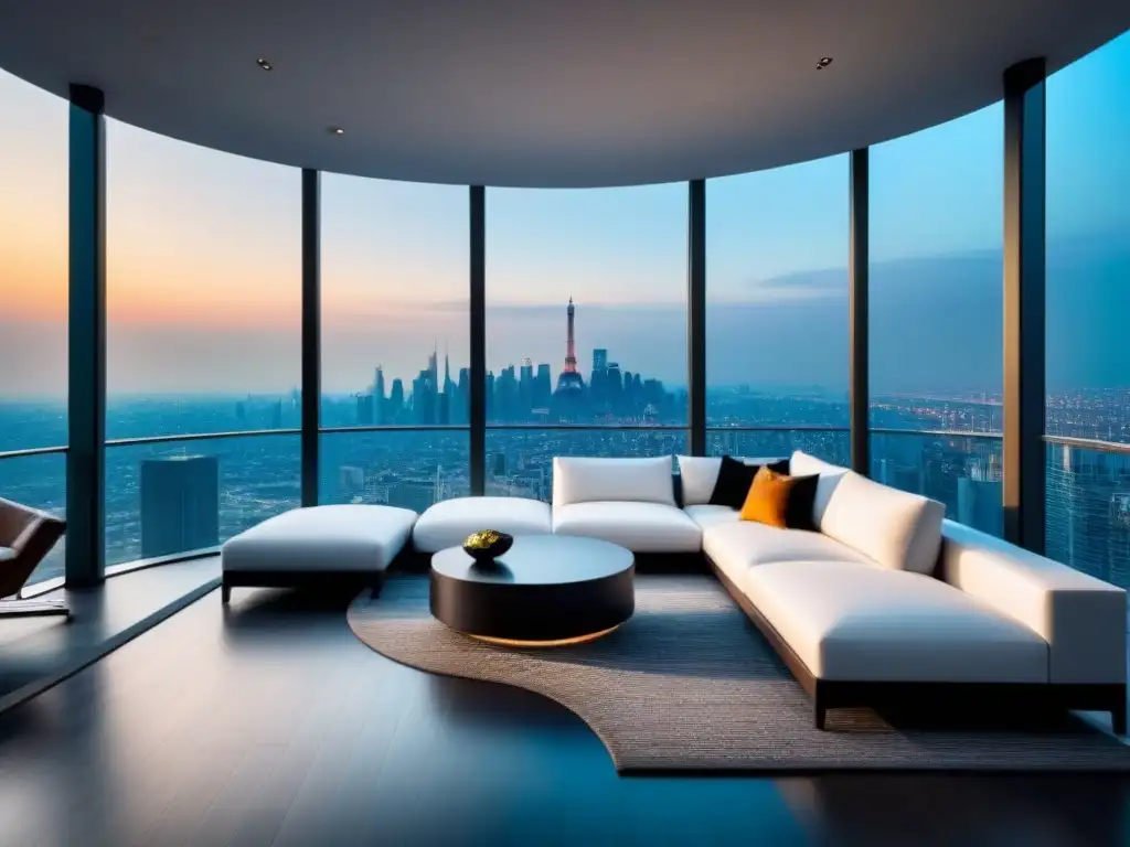 Penthouse de lujo con vista panorámica en la ciudad Invierte en bienes raíces con criptomonedas: lujoso ático moderno con vista urbana desde ventanales elegantes y diseño contemporáneo