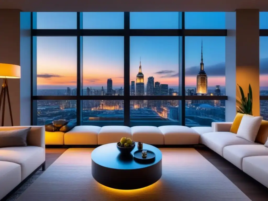 Penthouse de lujo con vistas a la ciudad: atardecer sereno Invertir en bienes raíces criptomonedas: Penthouse moderno y lujoso con vista a la ciudad al atardecer, ambiente sofisticado y relajado