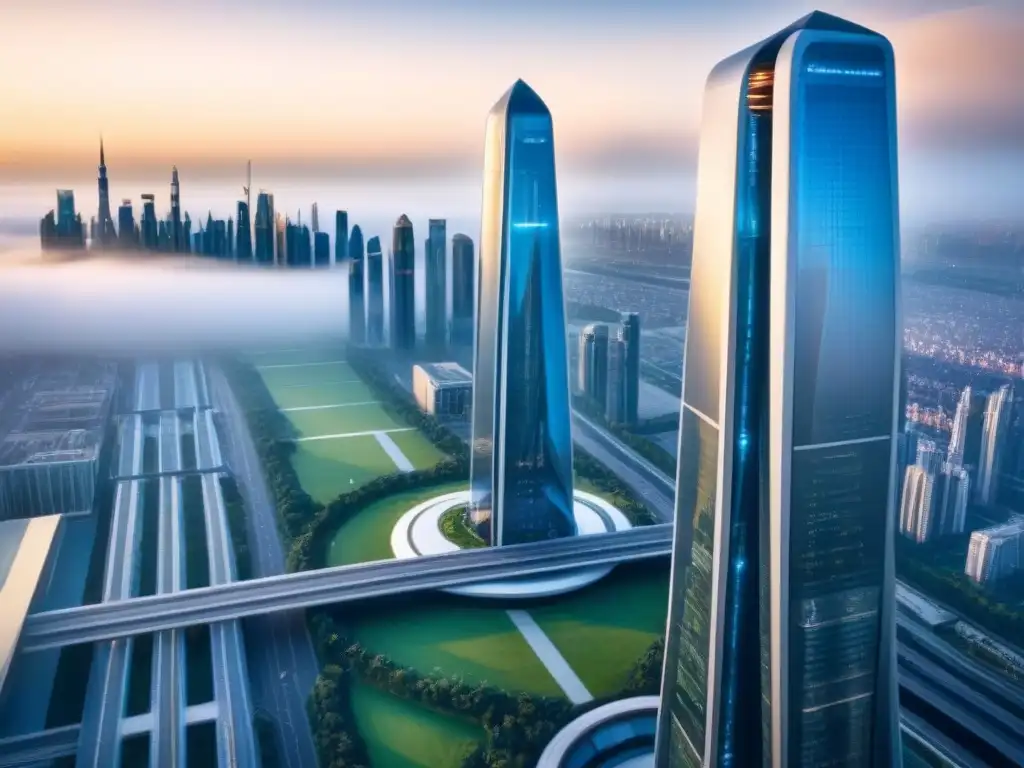 Rascacielos de lujo en ciudad futurista: inversión inmobiliaria innovadora Invertir en bienes raíces criptomonedas: Un rascacielos moderno y lujoso en una ciudad futurista con autos voladores y tecnología avanzada