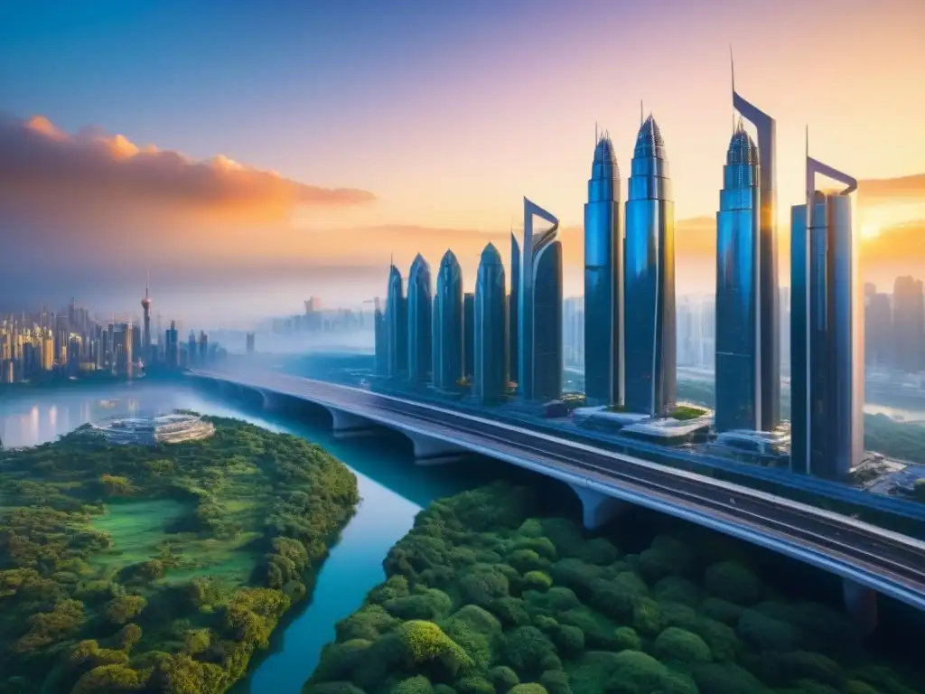 Horizonte futurista: torres doradas y naturaleza en interconexión Invierte en bienes raíces globales: una ciudad futurista de torres altas y modernas, conectadas por puentes transparentes, bañadas por el sol dorado