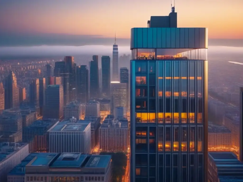 Edificio de lujo al atardecer: arquitectura innovadora en la ciudad Invertir en bienes raíces globales: Edificio moderno de cristal reflejando la ciudad al atardecer, lujo urbano