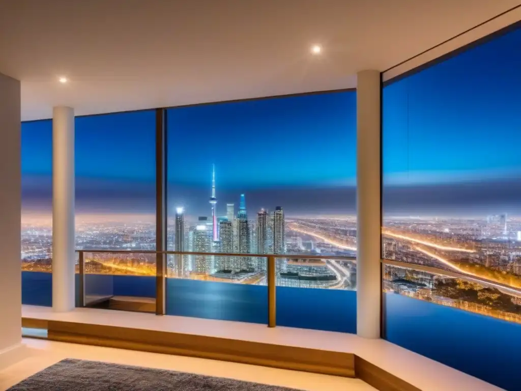 Edificio de lujo con ventanales panorámicos en la noche de la ciudad Invertir en bienes raíces globales: Edificio de lujo con ventanales panorámicos que reflejan la ciudad de noche