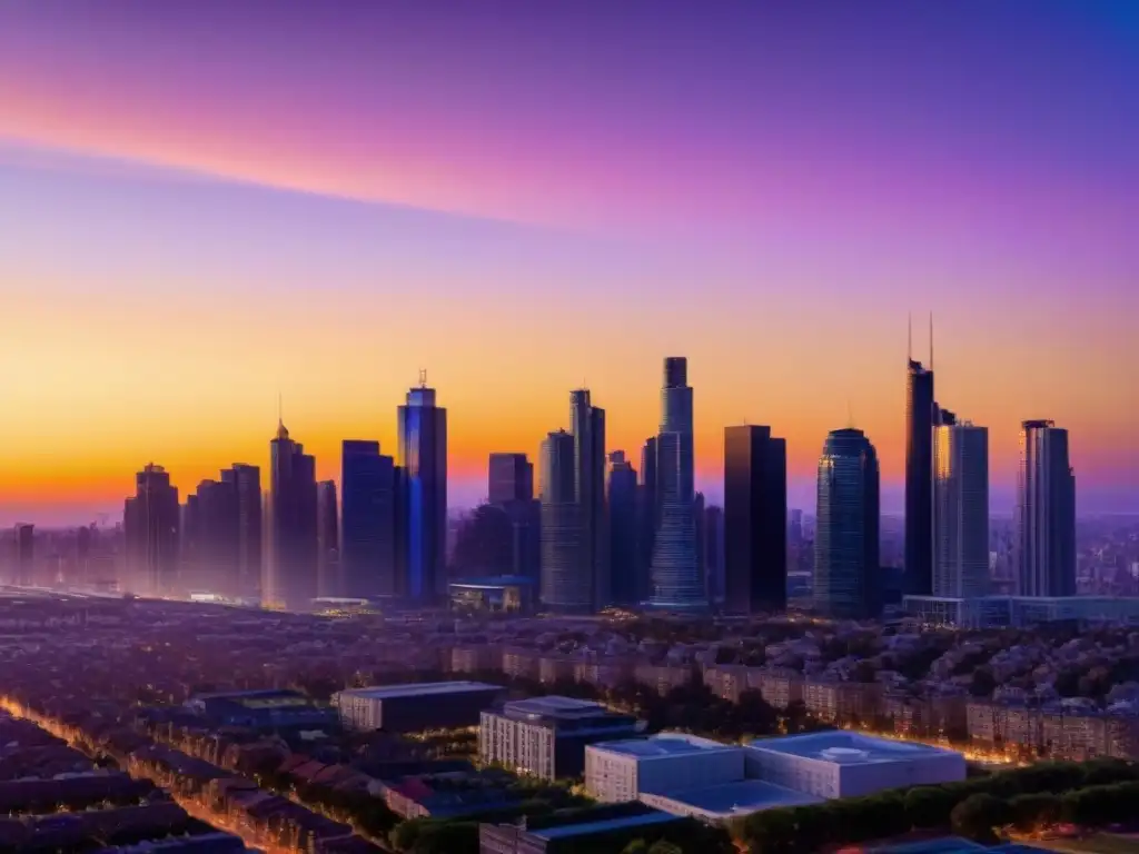 Horizonte urbano al atardecer: prosperidad en bienes raíces Invertir en bienes raíces inflación: Ciudad moderna al atardecer, arquitectura elegante y tonos cálidos en el cielo